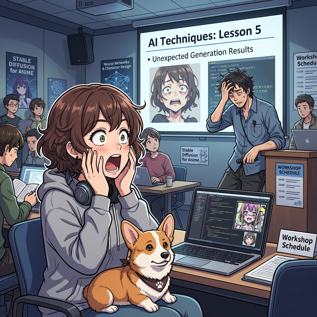 Classroom with students and instructor discussing unexpected AI generation results and coding on laptops