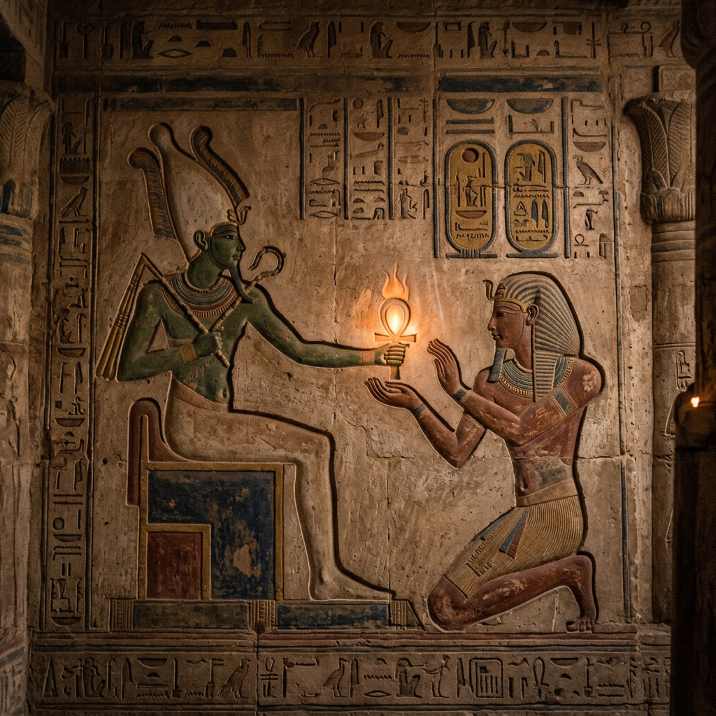 Ancient Egyptian wall painting showing a seated green-skinned god giving a flaming ankh symbol to a kneeling man.